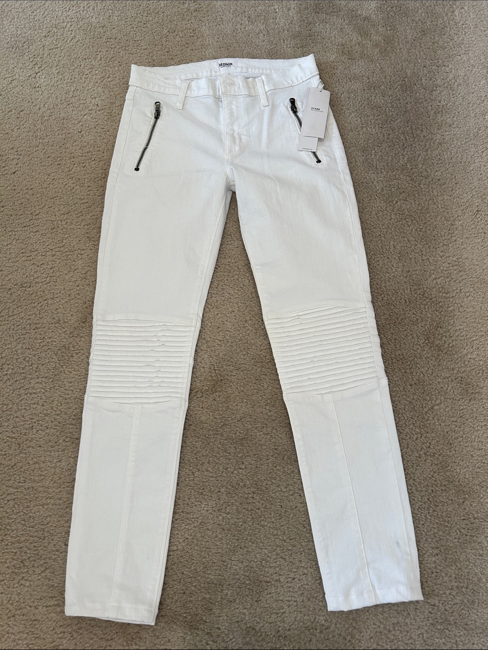 Hudson White Moto Ribbed-Knee Skinny Jeans